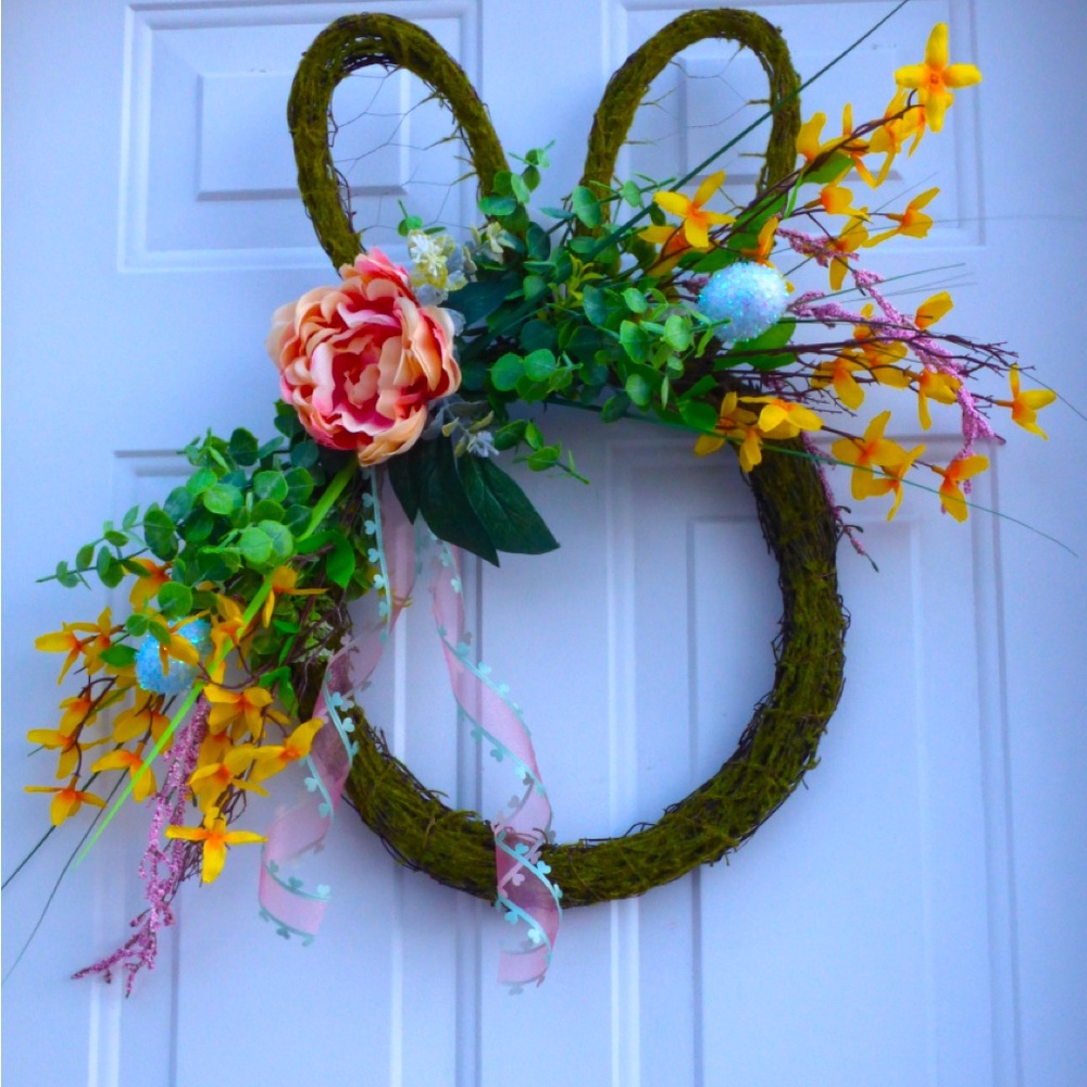 Moss Grapevine Rabbit Wreath for Front Door, Floral Easter Bunny Wreath.